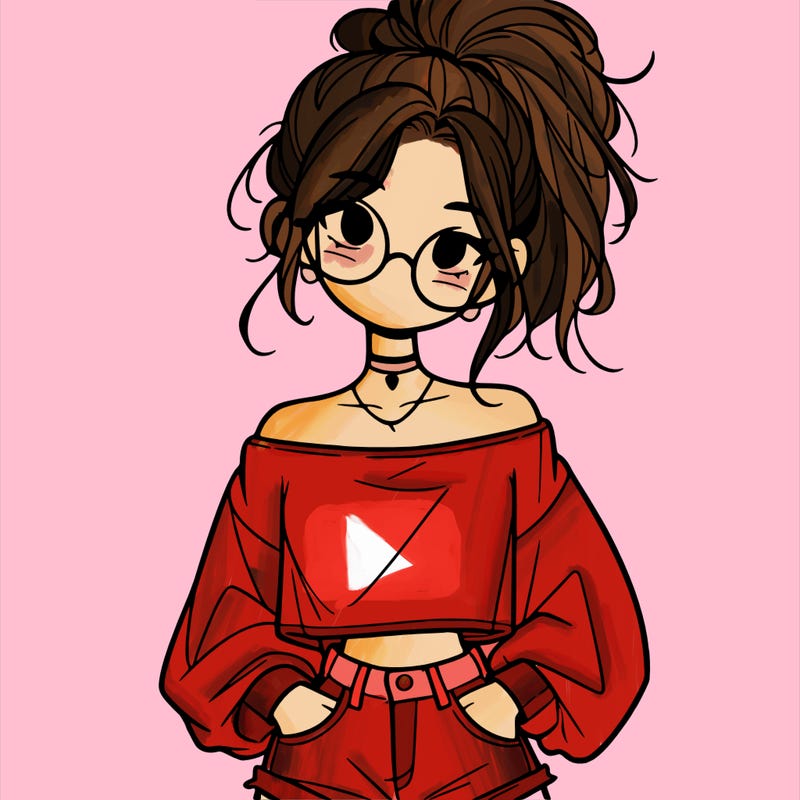 girl with a messy ponytail glasses a baggy crop top and jean shorts