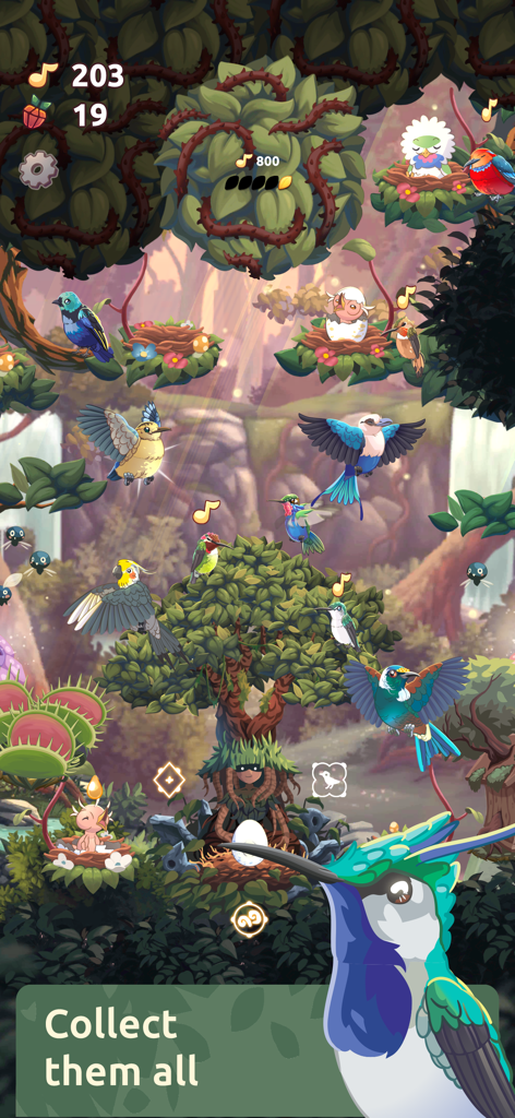A vibrant scene from Bird Kind showing various bird species in a magical forest sanctuary with the text collect them all.