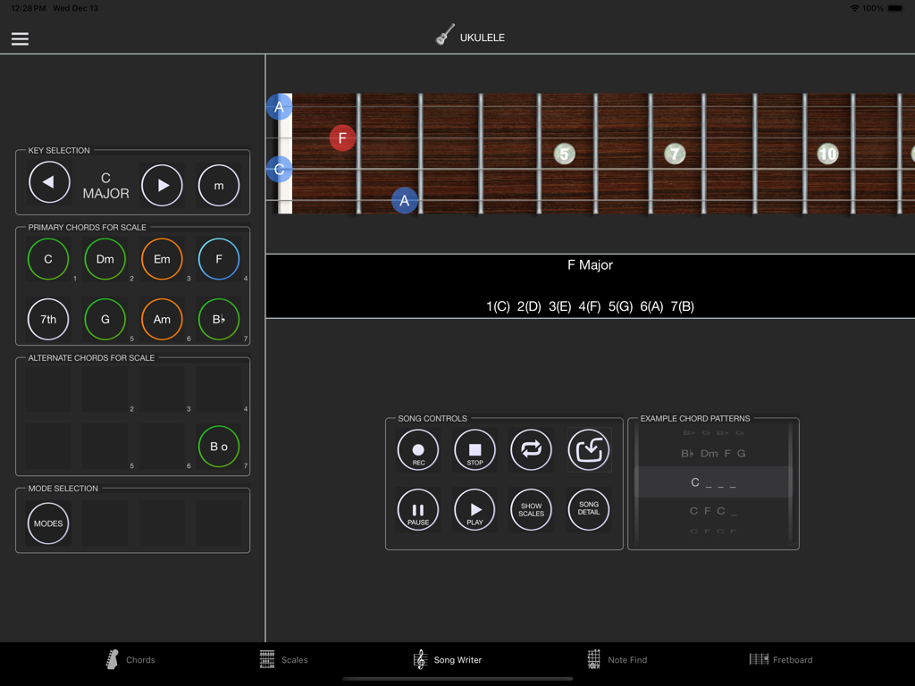 StringMaster Uke - Interface of the StringMaster Uke app showing songwriting tools with chords and a digital fretboard