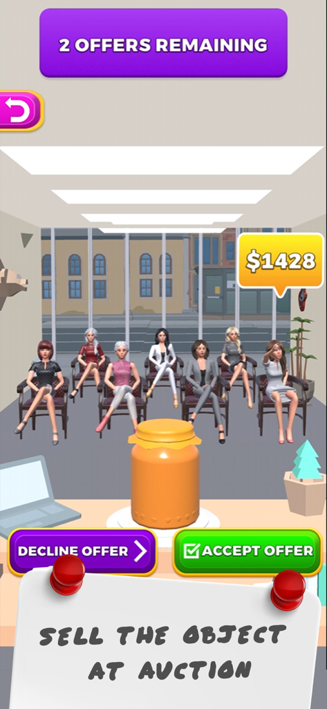 プレイヤーがペイントした3Dオブジェクトをデジタル通貨で入札者に販売する、ゲーム内のオークション画面。