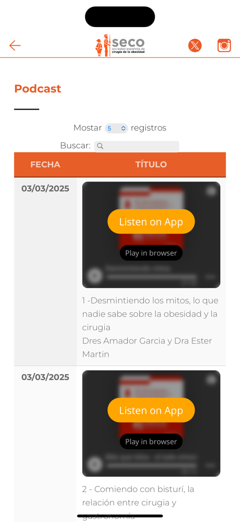 Interfaz de la app SECO que muestra una lista de podcasts médicos con títulos y opciones de escucha.