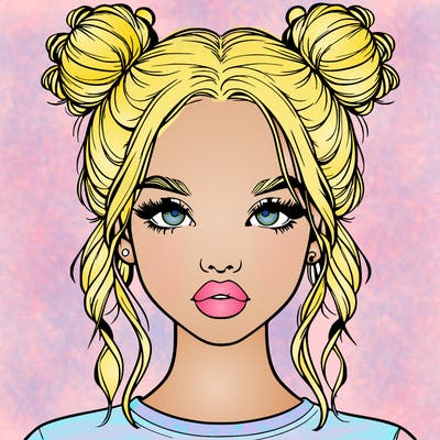 realistic girl with two buns in hair and lips