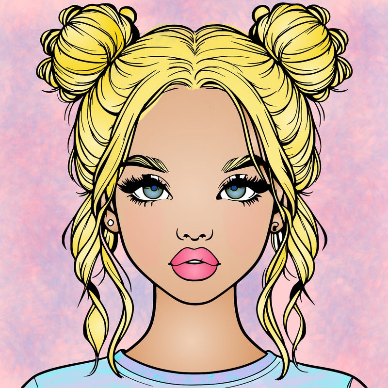 realistic girl with two buns in hair and lips