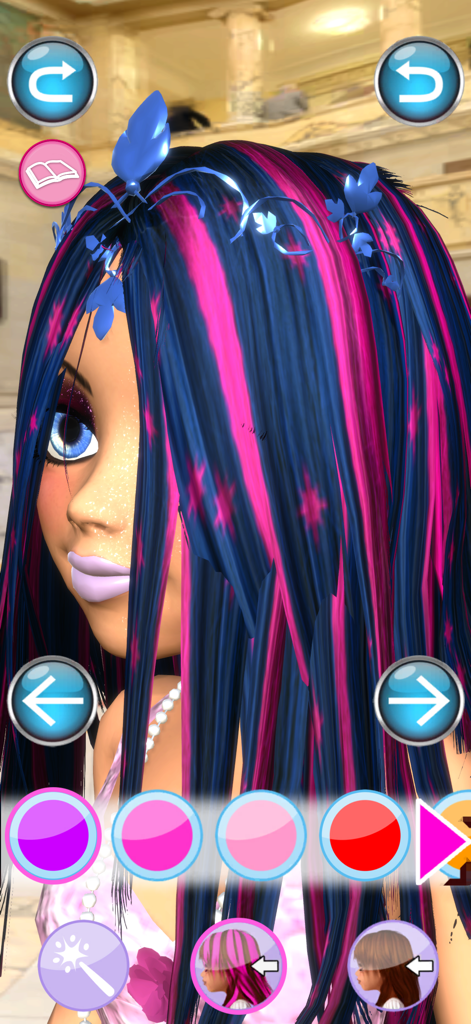 Modelo 3D de la Princesa Angela con cabello rosa y azul en una aplicación de salón de belleza