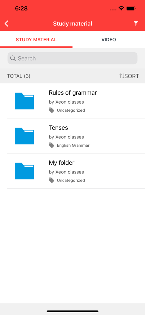 MyInstitute - MyInstitute App-Bildschirm, der organisierte Ordner für Lernmaterialien für Grammatik und Zeitformen von Xeon-Kursen anzeigt