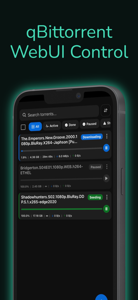 qRemote for qBittorrent - Interface of qRemote for qBittorrent showing torrent download progress and status filters