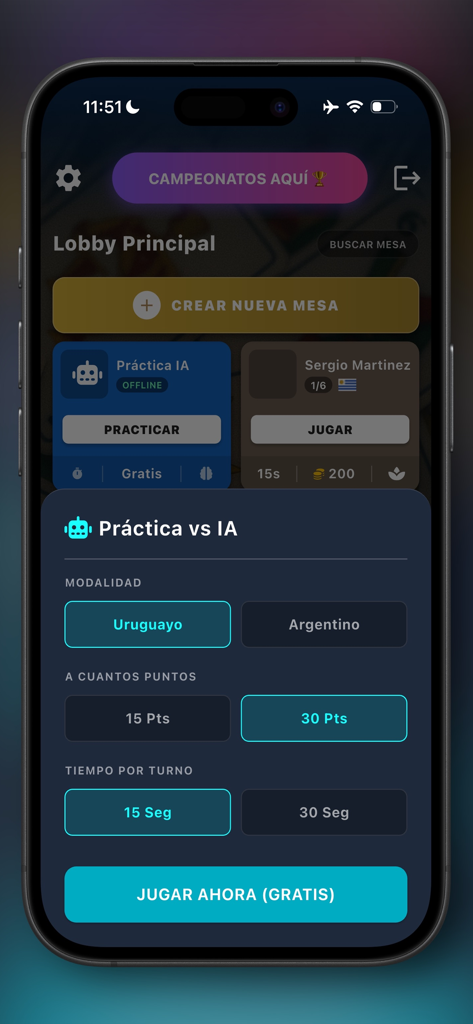 Truco: Argentino vs Uruguayo - Main menu of the Truco card game showing the practice against AI options for Uruguayan or Argentine modes