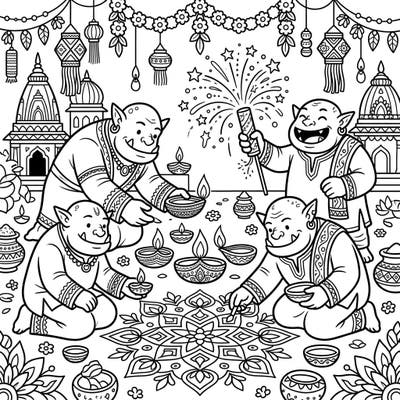 Dive into a uniquely festive celebration with this Frost Orcs Diwali coloring page! Witness these charming creatures illuminate the Festival of Lights with diyas, rangoli, and sparkling fireworks.