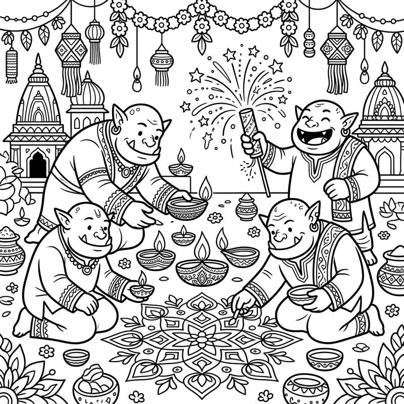 Dive into a uniquely festive celebration with this Frost Orcs Diwali coloring page! Witness these charming creatures illuminate the Festival of Lights with diyas, rangoli, and sparkling fireworks.