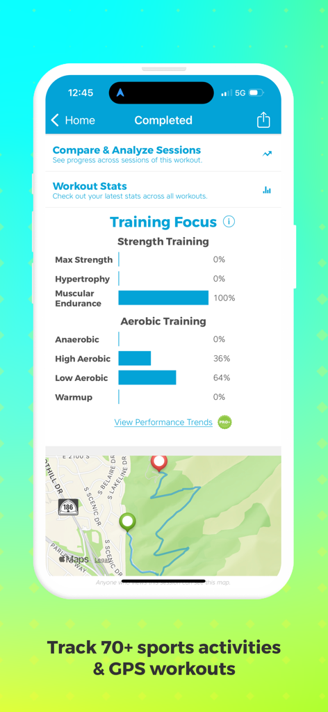 Pantalla de resumen de rendimiento de la aplicación Entrenador de Ejercicios IA que muestra estadísticas de enfoque de entrenamiento y un mapa de entrenamiento GPS