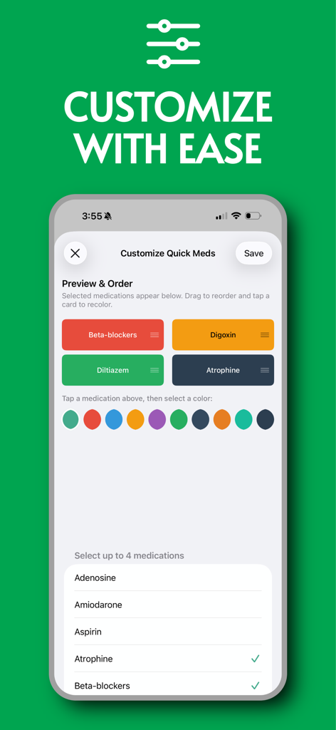 Customize Quick Meds screen for color coding and reordering medical emergency drugs