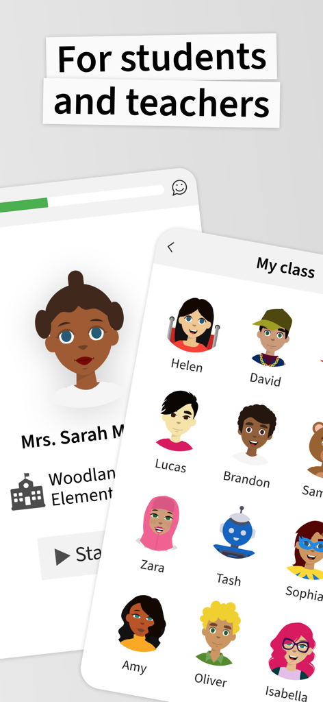 ANTON app interface for students and teachers showing teacher profile and class avatars.