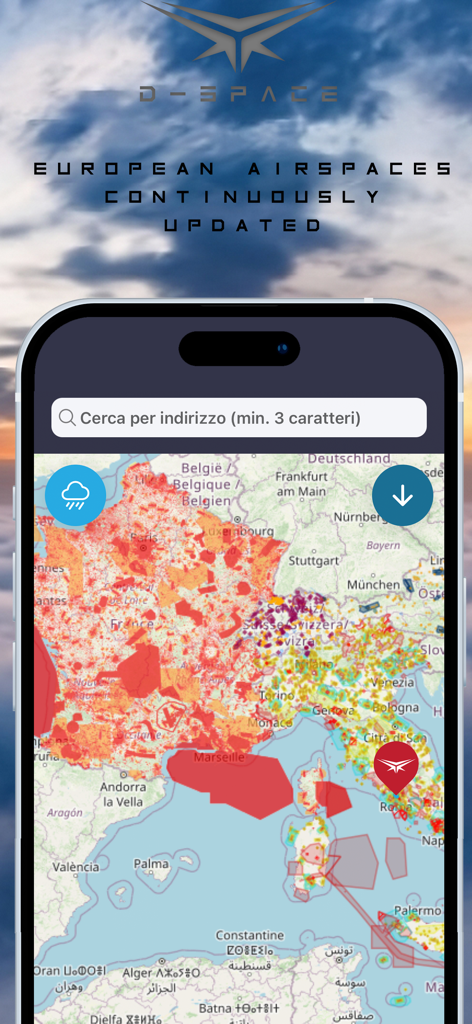 Map of European airspaces in the D-Space app showing drone flight zones and regulations.