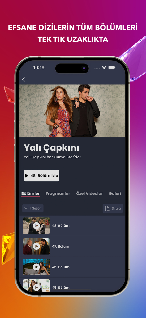 터키 드라마 Yali Capkini의 에피소드 목록을 보여주는 Star TV 앱 화면