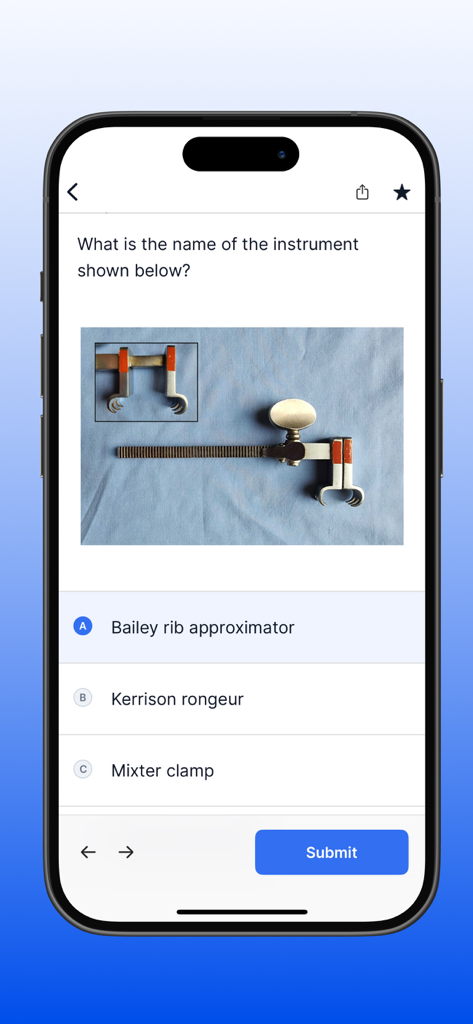 Surgical Technologist Mastery - L'application Maîtrise du Technicien en Chirurgie montrant une question d'entraînement pour identifier un instrument médical avec des choix de réponses multiples.