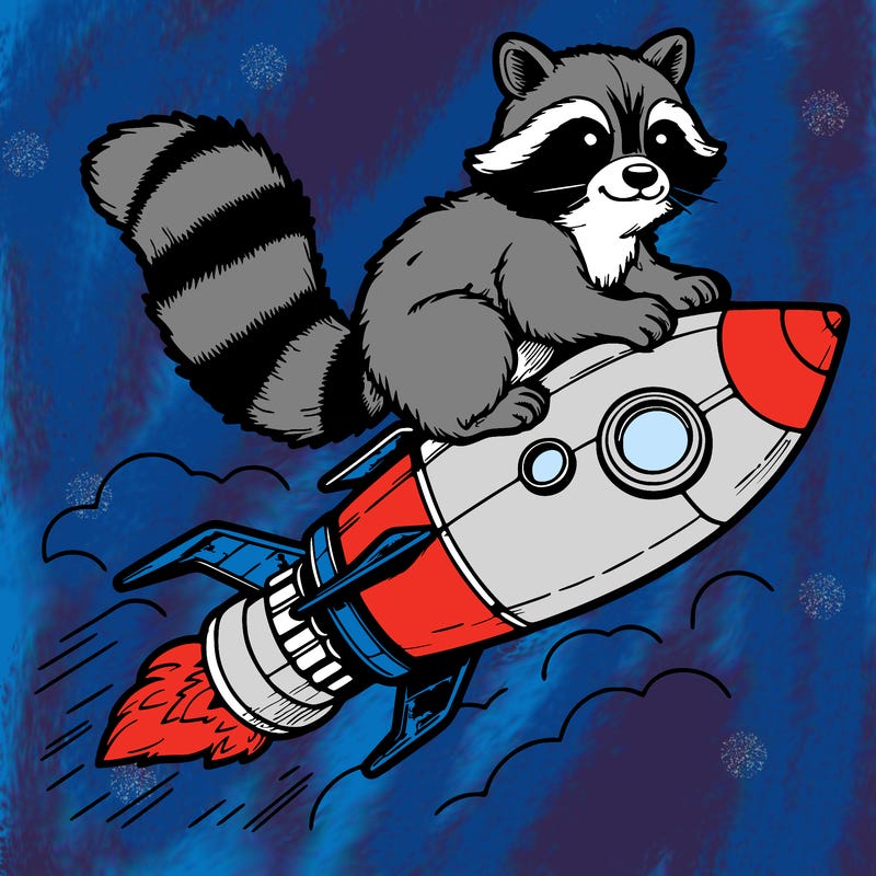 realistic raccoon flying on top rocket ship