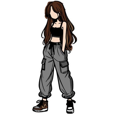 girl in baggy pants crop top and long hair