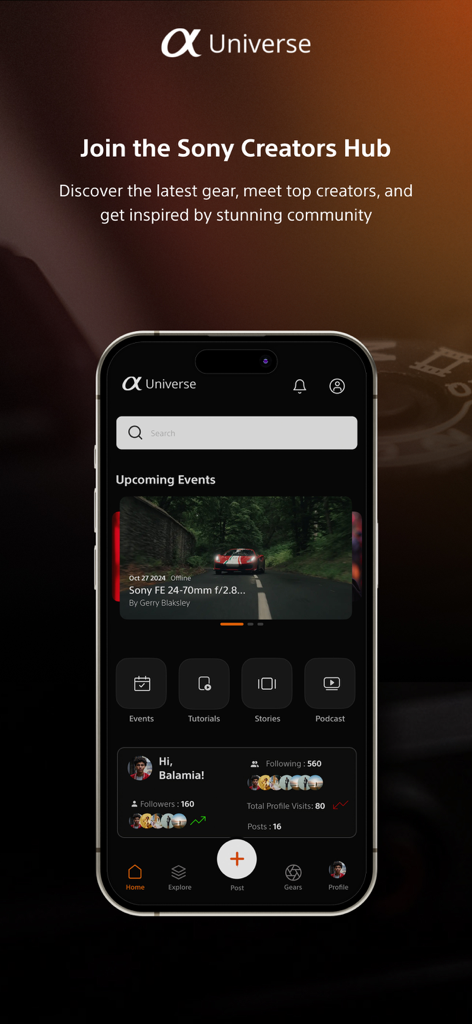 Home screen of the Alpha Universe MEA app featuring the Sony Creators Hub with sections for events, tutorials, and personal profile statistics.