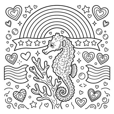 Dive into a world of color and celebration with our Pygmy Seahorse Pride coloring page. This intricate design features a charming seahorse surrounded by symbols of love, diversity, and community, perfect for all ages.