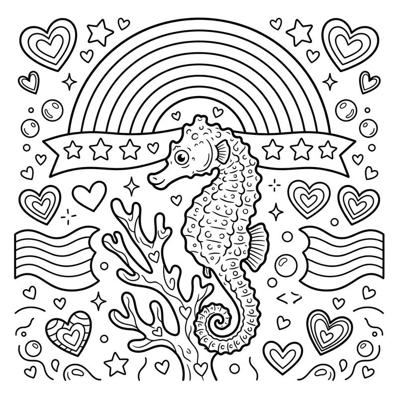 Dive into a world of color and celebration with our Pygmy Seahorse Pride coloring page. This intricate design features a charming seahorse surrounded by symbols of love, diversity, and community, perfect for all ages.