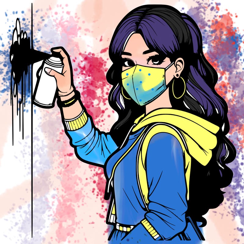 realistic girl with mask spray painting a wall