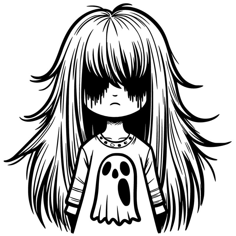 a creepy girl with a ghost on her shirt and hair in her face