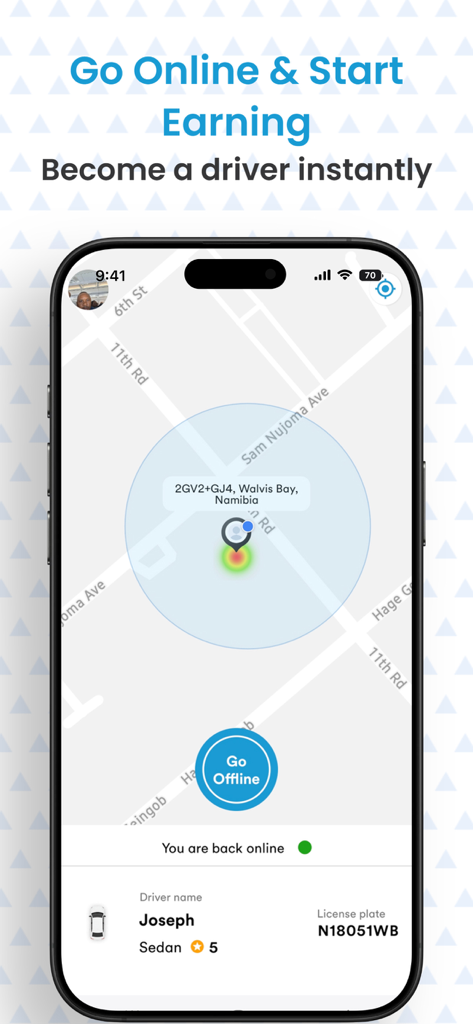 YetuYene Driver - YetuYene Driver app interface showing a real-time map with a go online button to start earning