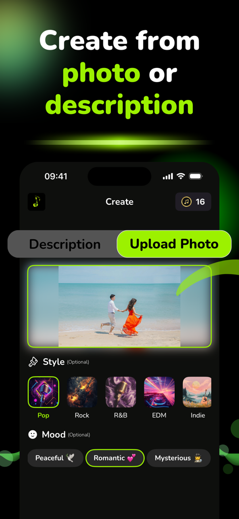 AI Music & Song Generator - AI - Interfaz de la aplicación generador de música IA mostrando la función de creación de foto a música con selección de estilo pop romántico