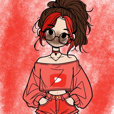 girl with a messy ponytail glasses a baggy crop top and jean shorts