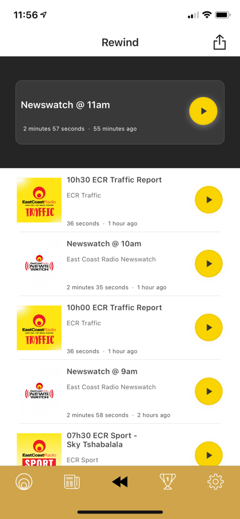East Coast Radio - East Coast Radio app Rewind screen showing a list of recent news traffic and sports updates