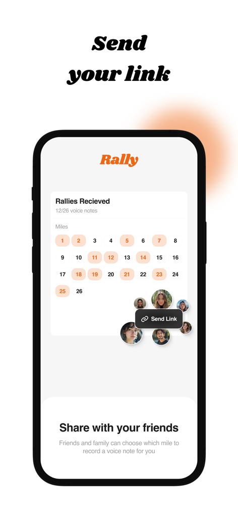 Rally: Voice Notes on Race Day - Screen showing how to share a race link with friends to receive voice notes at specific marathon mile markers