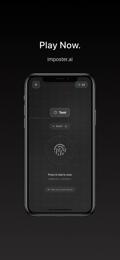 imposter.ai - プレイヤー認証のための生体認証指紋スキャンを示すimposter.aiゲームのスマートフォン画面
