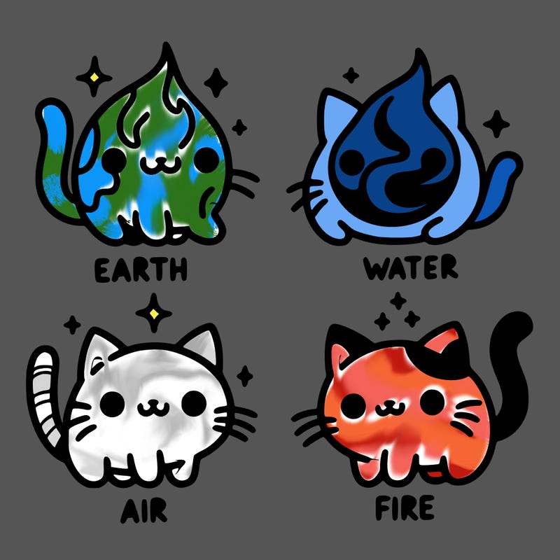4 cats that represent the different elements, earth, water, air, and fire