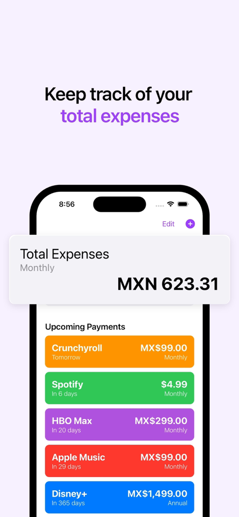 Payments Manager: Subscrible - A screenshot of the Subscrible app showing the total monthly expenses and a list of upcoming recurring payments for various services.