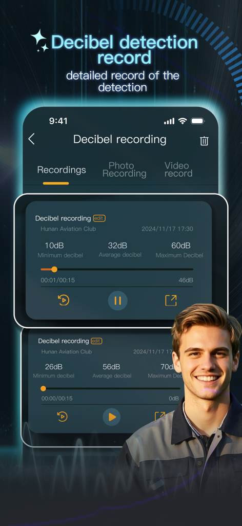 Decibel：db Sound Meter - L'écran de l'historique des enregistrements de décibels montrant des rapports détaillés de niveaux sonores incluant les décibels minimum, moyen et maximum