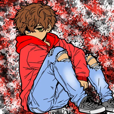 a male hoddie ripped jeans messy hair anime