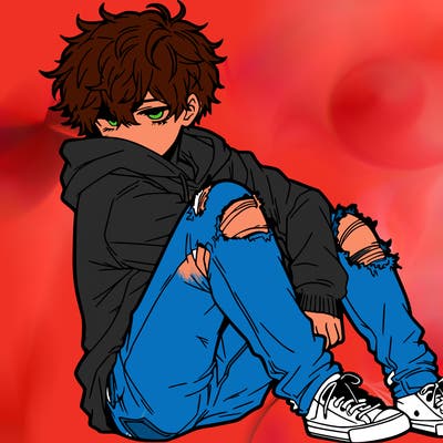 a male hoddie ripped jeans messy hair anime