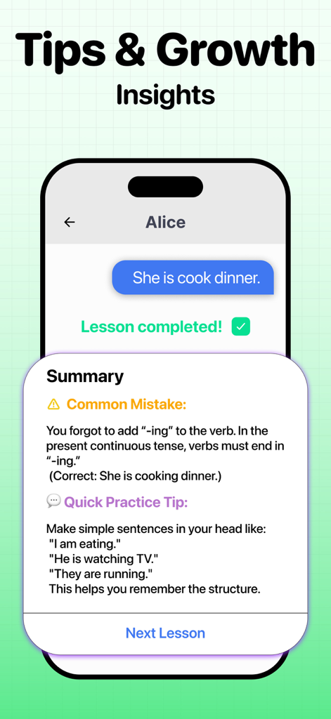 Speak & Learn English: Lina - Lina English learning app screenshot showing grammar tips and instant feedback on common mistakes