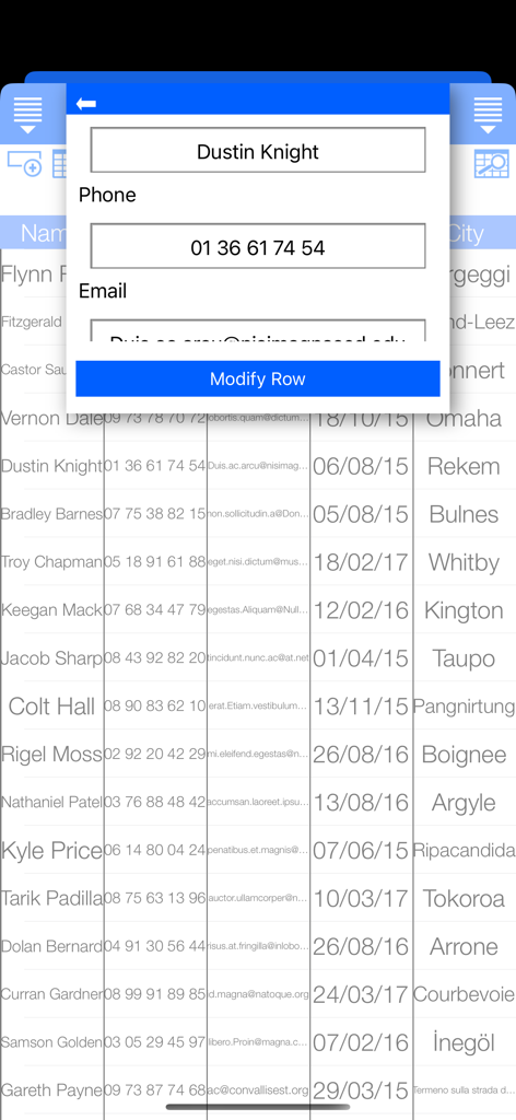 Ultimate Database - Mobile interface showing a modal window to modify a row in a database table with fields for name phone and email