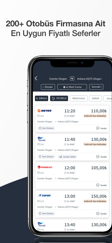 Biletall – Bus & Plane Tickets - Biletall mobile app screen displaying bus ticket options and prices from various Turkish transport companies for a trip between Istanbul and Ankara