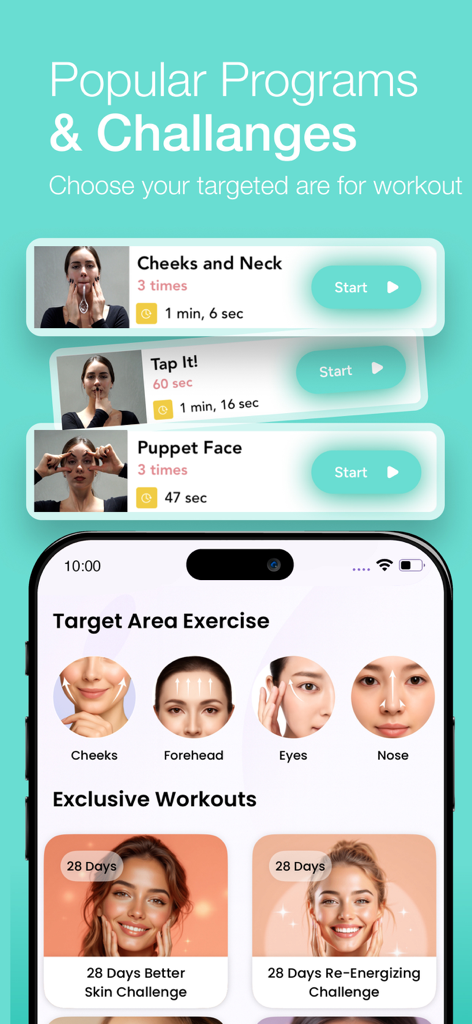 Face Yoga - Face Exercises - Face Yoga app screen with targeted facial workouts and skin challenges