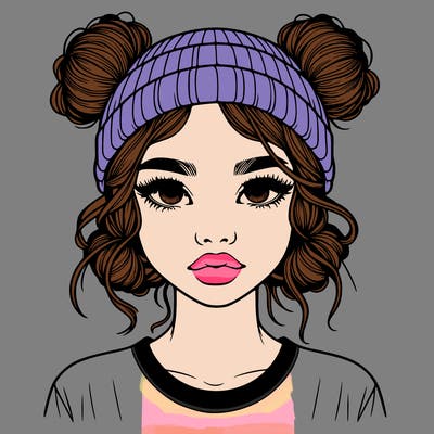 realistic girl with buns in her hair with a beanie on