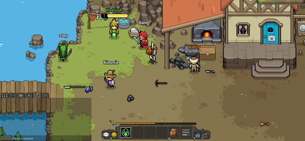 Jogadores interagindo em uma cena de vila em pixel art no MMORPG Heartwood Online