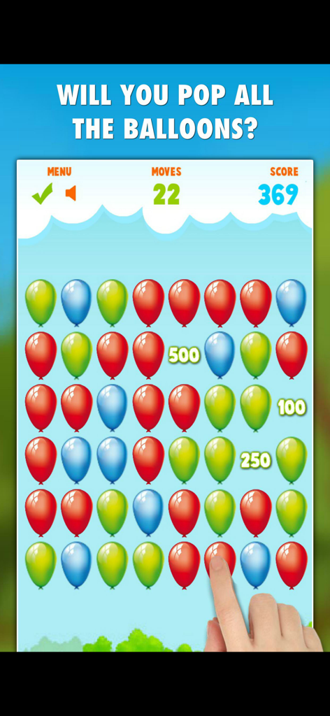 Balloons Pop Mania - Gameplay del puzzle Balloons Pop Mania con globos coloridos y contador de puntuación