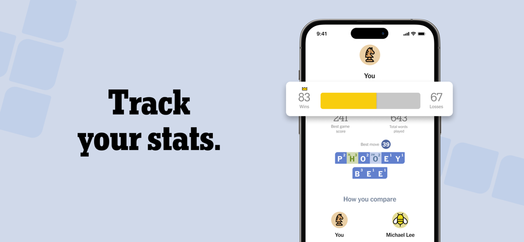 NYT Crossplay app statistics screen showing player wins losses and top scores
