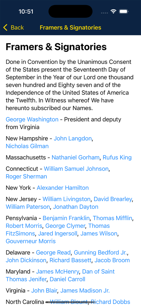A screen displaying the list of Framers and Signatories of the U.S. Constitution sorted by state