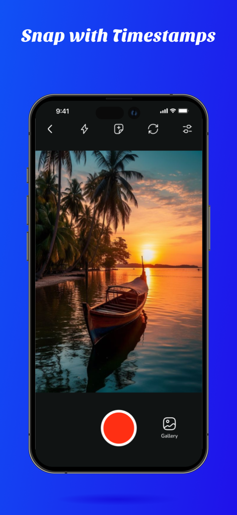 GPS Camera with Time Stamp - GPS Camera with Time Stamp app interface showing a scenic sunset photograph in the viewfinder