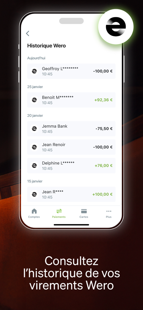 Interfaz de la aplicación móvil Fortuneo que muestra el historial de pagos instantáneos de Wero con una lista de transacciones recientes