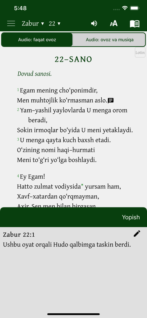 Uzbek Bible app interface showing Psalm 22 with audio controls and personal notes