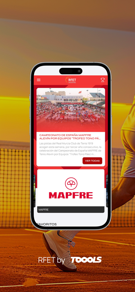RFET - Die Startseite der RFET-Mobil-App mit Nachrichten und Turnier-Updates zum spanischen Tennis.